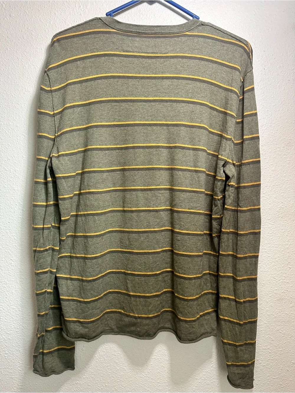 Vintage Banana Republic Men’s Olive Green Long-Sleeve Stripe Crewneck Size M